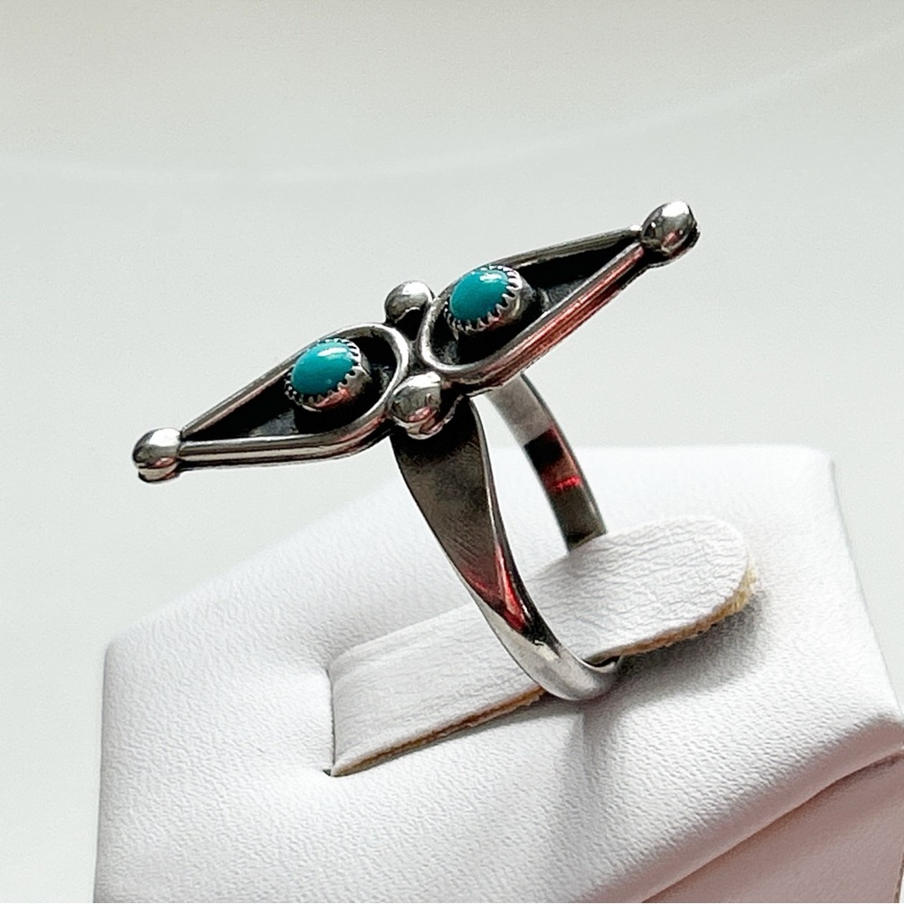Vintage Southwestern Double Turquoise Snake Eye Sterling Silver Ring - Picture 3 of 10